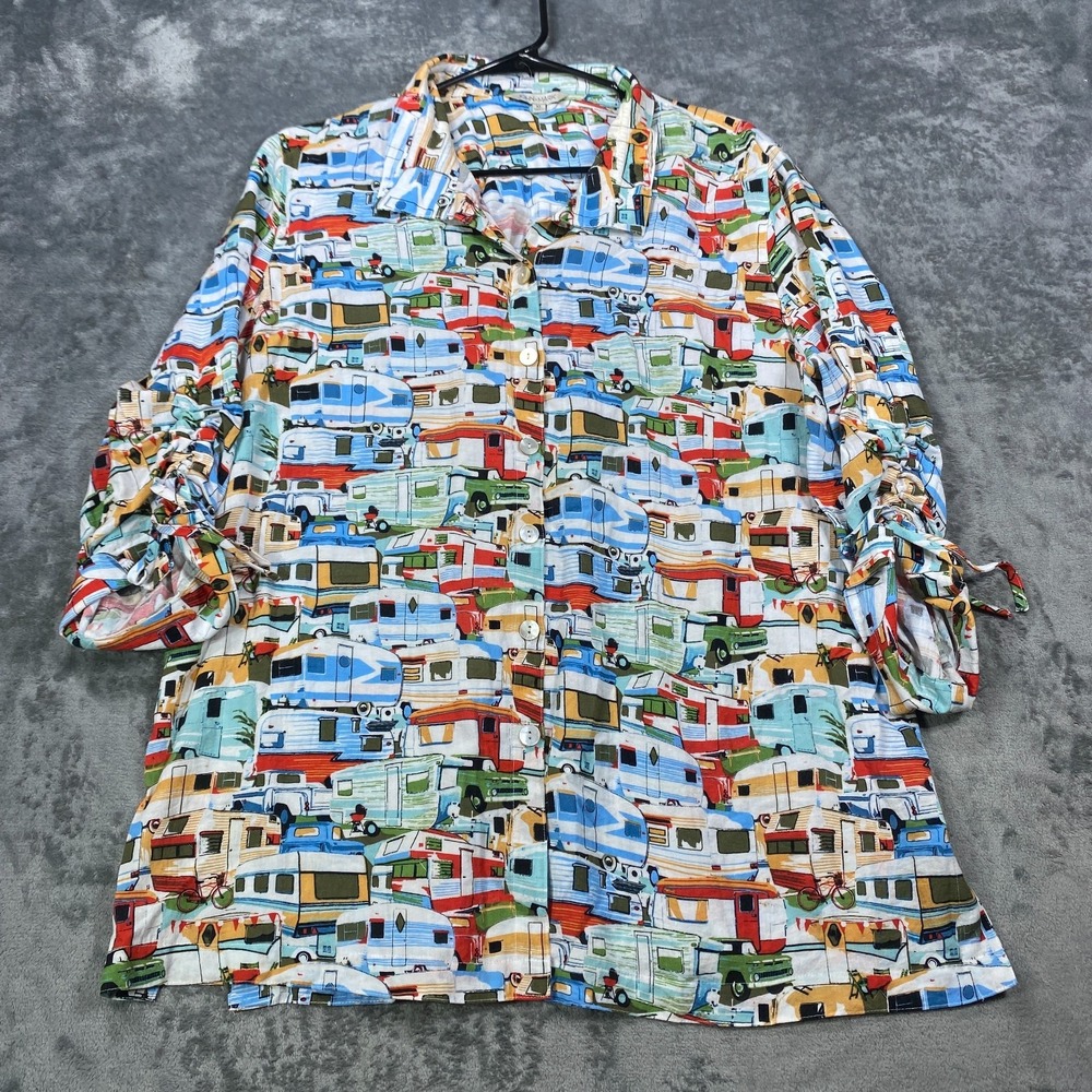 John Mark Tunic Top Womens XL Button Up Rayon Blend Artsy Boho Colorful Camper